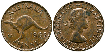Австралия 1 пенни 1962 p, Елизавета II (1952-2022), кенгуру KM 56 бронза 4580-132