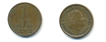 НИДЕРЛАНДЫ 1 ЦЕНТ 1959 ЮЛИАНА KM 180 бронза 80-955