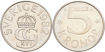 Швеция 5 крон 1982 U, Карл XVI Густав (1973- ) KM 853 медно-никель 4572-211