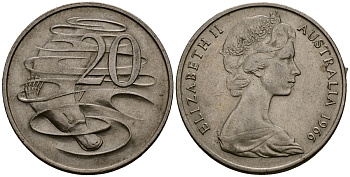 Австралия 20 центов 1966 Елизавета II (1952-2022), утконос KM 66 медно-никель 4168-926
