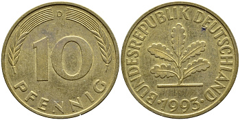 ФРГ 10 ПФЕННИГОВ 1993 D KM 108, J.383 сталь плакированная латунью 4391-337