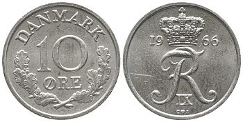 Дания 10 эре 1966 С; S, Фредерик IX (1947-1972) KM 849.1 медно-никель аUNC 100-1145