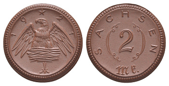 Саксония 2 марки 1921 Men18 27868.20, Scheuch 40a фарфор 1094-10-55