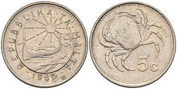 Мальта 5 центов 1986 краб KM 77 медно-никель 4516-345