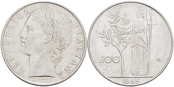 ИТАЛИЯ 100 ЛИР 1965 R, АФИНА, ДИАМЕТР 28 ММ. KM 96.1 нержавеющая сталь 4521-925