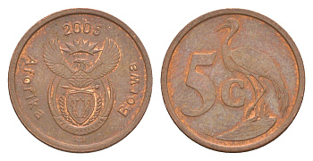 ЮАР 5 центов 2005 герб, райский журавль KM 291 сталь плакированная медью 4621-664