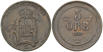 Швеция 5 эре 1887 Оскар II (1872-1907) KM 736 бронза 4171-614