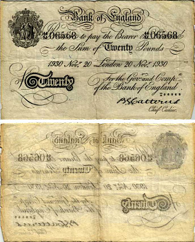 Англия 20 фунтов 1930 Лондон, 20 ноября, Операция "Бернхард", фальшивка в ущерб денежному обращению Pick 330 бумага 451-228-1