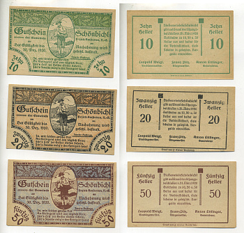 АВСТРИЯ НАБОР ИЗ 3 БАНКНОТ 1920 21 МАРТА 1920-30 ДЕКАБРЯ 1920, НОТГЕЛЬД, 10, 20, 50 ГЕЛЛЕРОВ, SCHONBICHL бумага aUNC 7217-28-2
