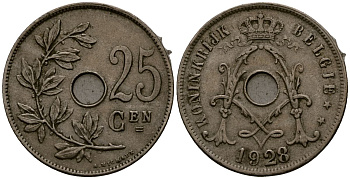 Бельгия 25 сантимов 1928 Belgie KM 69 медно-никель 4131-833
