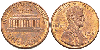 США 1 ЦЕНТ 1996 ЛИНКОЛЬН KM 201b цинк плакированный медью 211-1141
