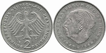 ФРГ 2 марки 1971 F, Теодор Хойс KM 127, J. 407 медно-никель плакированный никелем 113-143
