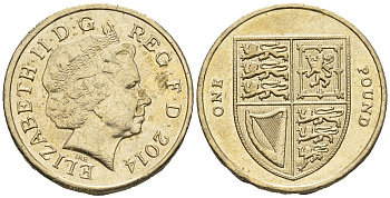Великобритания 1 фунт 2014 Елизавета II (1952-2022), королевский щит KM 1113 никель латунь    4393-356