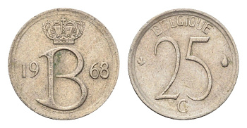 Бельгия 25 сантимов 1968 Belgique, Бодуэн I (1951-1993) KM 153 медно-никель 4705-331