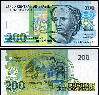 Бразилия 200 крузейро 1990 Центральный банк Бразилии Pick 225 бумага UNC (пресс) 8602-27-3-1