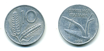 ИТАЛИЯ 10 ЛИР 1956 R, ПЛУГ KM 93 алюминий 23-1312