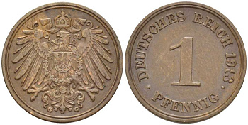ГЕРМАНИЯ 1 ПФЕННИГ 1913 G KM 10, J. 10, Weege 2 медь 211-464