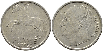 НОРВЕГИЯ 1 КРОНА 1961 ЛОШАДЬ KM 409 медно-никель 4391-1117