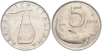 Италия 5 лир 1998 R, дельфин KM 92 алюминий  UNC  4594-926
