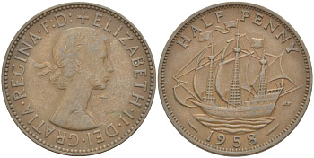 Великобритания 1/2 пенни 1958 Елизавета II (1952-2022) KM 896, Spink 4158 бронза 4544-114