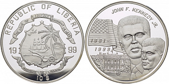 Либерия 10 долларов 1999 президент США Джон Кеннеди KM 594 серебро PROOF 04-302-43