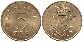 ДАНИЯ 5 ЭРЕ 1983 R; B, МАРГРЕТЕ II (1972-) KM 859.3 железо плакированное медью UNC 4392-1324