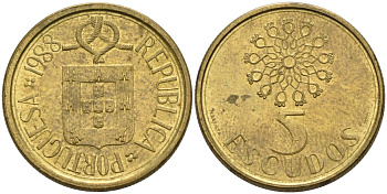 Португалия 5 эскудо 1988 KM 632 никель латунь 4571-942