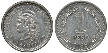 Аргентина 1 песо 1958 голова свободы влево KM 57 сталь плакированная никелем 72-1513