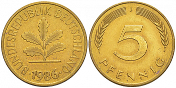 ФРГ 5 ПФЕННИГОВ 1986 J KM 107, J. 382 сталь плакированная латунью 4396-1651