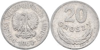 Польша 20 грошей 1967 MW KM А47 алюминий    4174-636