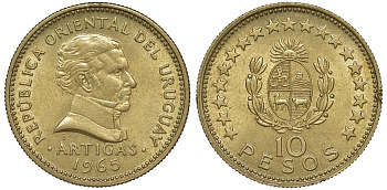 Уругвай 10 песо 1965 KM 48 алюминиевая бронза 4572-711