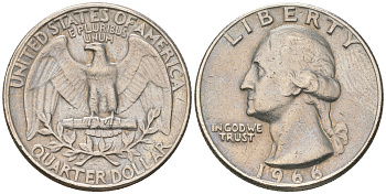 США 25 центов (квотер) 1966 Вашингтон KM 164a медь плакированная медно-никелем 4175-351