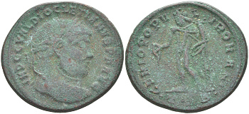 Римская Империя нуммий 300 - 301 Диоклетиан, бюст императора, IMP C C VAL DIOCLETIANVS P F AVG / Гений Римского народа, GENIO POPVLI ROMANI TSВ, Фессалоника RIC 21а биллон 1073-23-21