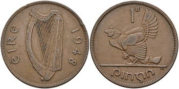 Ирландия 1 пенни 1948 курица с цыплятами KM 11 бронза 4593-444