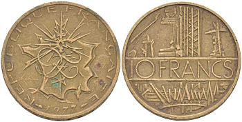 Франция 10 франков 1977 тип Матье KM 940, Le Franc 365.9-10 никель латунь 111-1012