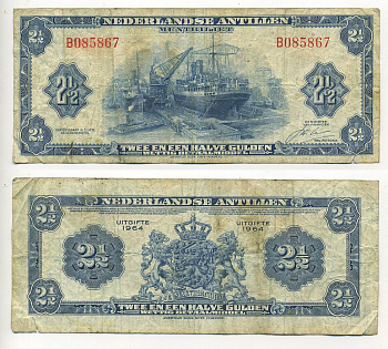 Нидерландские Антилы 2 1/2 ГУЛЬДЕНА 1964 КОРАБЛЬ, ПАРОВОЗ Pick A1b бумага 6294-57-3