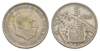 Испания 5 песет 1957 (64) Франсиско Франко (1939-1975) KM 786 медно-никель 4538-424