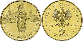 Польша 2 злотых 2000 MW, 1000 лет Вроцлаву KM 389 нордик  UNC  4521-826