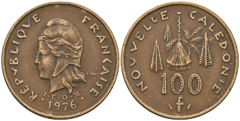 Французская Новая Каледония 100 франков 1976 хижина среди сосен и пальм, (IEOM) KM 15, Schoen 16, Lec 130 никель бронза 88-225