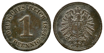 ГЕРМАНИЯ 1 ПФЕННИГ 1886 J, СТАРОГЕРБОВКА KM 1, J. 1 медь 4380-111