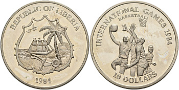 Либерия 10 долларов 1984 международные игры по баскетболу KM X 2 медно-никель BUNC 1098-4-61