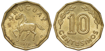 Уругвай 10 сентесимо 1976 KM 66 алюминиевая бронза 4164-732