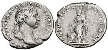 Римская Империя денарий 103 - 111 Траян COS V PP SPQR OPTIMO PRINC PIET Пиетата, персонификация Благочестия Рим Very fine RIC 104 серебро 1073-4-1-3