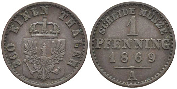 ПРУССИЯ 1 ПФЕННИГ 1869 А, ВИЛЬГЕЛЬМ I (1861-1888) KM 480 медь 201-556