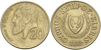 Кипр 20 центов 1992 KM 62.2 никель латунь 4140-823