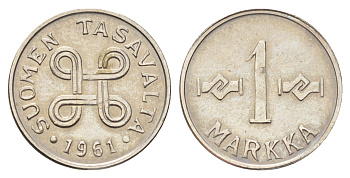 Финляндия 1 марка 1961 KM 36a железо плакированное никелем 4668-865