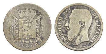 Франция 50 сантимов 1886 Belges, Леопольд II (1865-1909) KM 26 серебро 4174-739