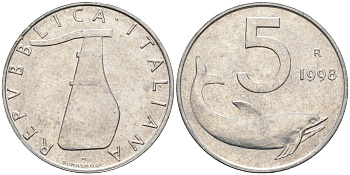 Италия 5 лир 1998 R, дельфин KM 92 алюминий  UNC  4594-818