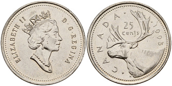 Канада 25 центов 1995 Елизавета II (1953-), олень, третий портрет в короне KM 184 никель 4163-215