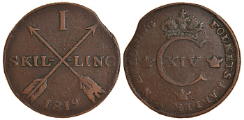 Швеция 1 скиллинг 1819 Карл XIV Юхан (1818-1844) KM 597 медь 413-5221